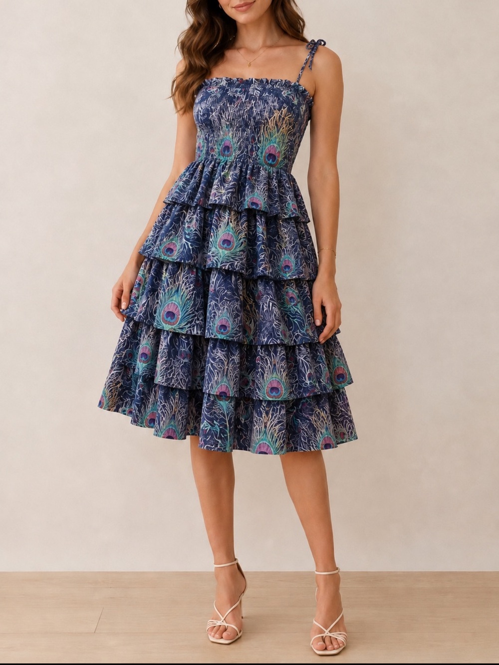 Liberty of London Tier Fit Flare “Peacock” Spaghetti Strap Sun Dress Size M